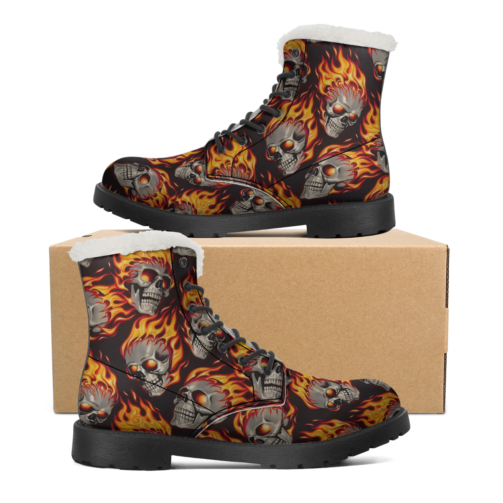 Men Shoes Eu To Us - Fire Skull Patterns Snow Boots for